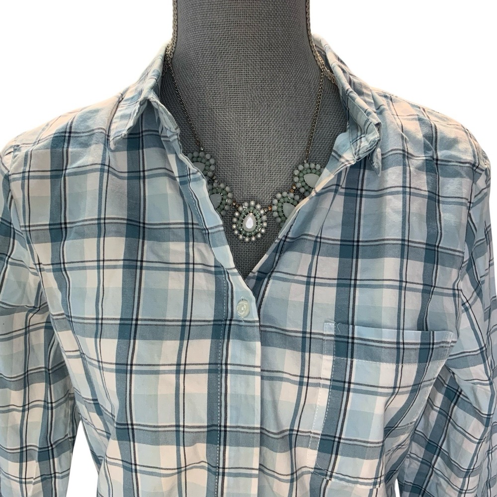 Tyler Boe Womens Medium Button Up Plaid‎ Roll Tab Check Tunic Top Cotton Casual